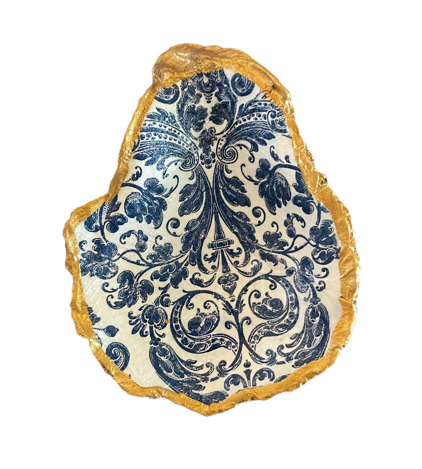 Gold Rimmed Blue Design Oyster Jewelry Dish