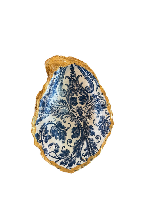 Gold Rimmed Blue Design Oyster Jewelry Dish