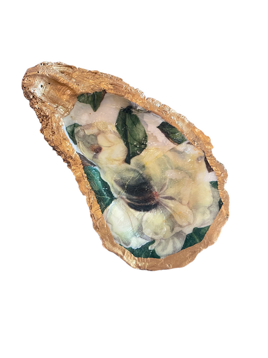 Gold Rimmed Magnolia Oyster Jewelry Dish